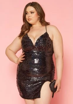 Plus Size Black Sequin Cami Mini Dress