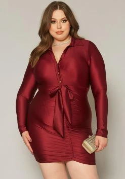 Plus Size Slinky Collar Neck Bodycon Mini Dress