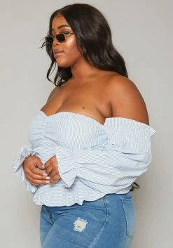 Plus Size Stripe Print Off Shoulder Smocked Top -Asoph Sales Shop 2019875 001 2