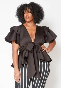 Plus Size Tie Front Ruffle Peplum Blouse 7 Plus Size Tie Front Ruffle Peplum Blouse -Asoph Sales Shop 2019877 003 3