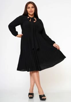 Plus Size Bow Collar Pleated Fit & Flare Dress