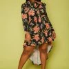Plus Size Rose Floral Print High Low Flare Dress