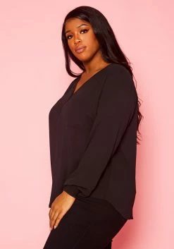 Plus Size V Neck Pocket Hem Long Sleeve Blouse -Asoph Sales Shop 2019925 001 2