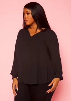 Plus Size V Neck Pocket Hem Long Sleeve Blouse -Asoph Sales Shop 2019925 001 3