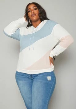 Plus Size Color Block Ribbed Hooded Sweater