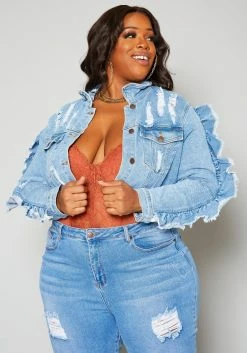 Plus Size Ruffle Trim Denim Jacket