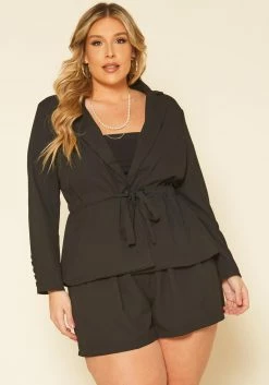 Plus Size Notch Collar Blazer & Shorts Set