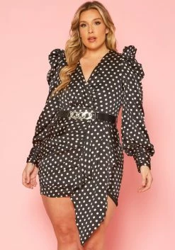 Plus Size Polka Dot Long Sleeve Mini Dress