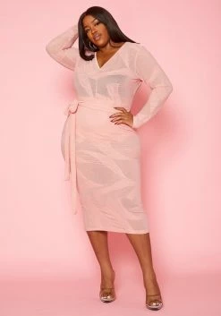 Plus Size Print Mesh Long Sleeve Midi Dress