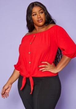 Plus Size Off Shoulder Button Hem Yellow Top