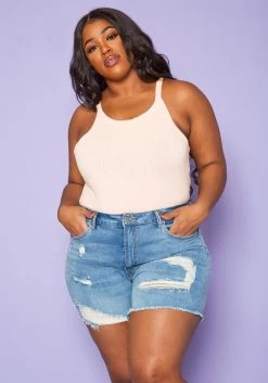 Plus Size Distressed Mid Length Denim Shorts