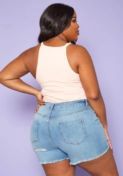 Plus Size Distressed Mid Length Denim Shorts -Asoph Sales Shop 2020268 001 5