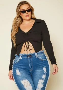 Plus Size Ribbed Drawstring Front Split Crop Top