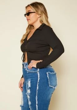 Plus Size Ribbed Drawstring Front Split Crop Top -Asoph Sales Shop 2020280 001 3