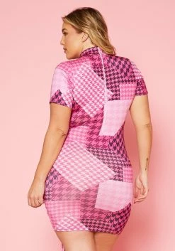 Plus Size Mock Neck Houndstooth Color Block Print Mini Dress -Asoph Sales Shop 2020297 001 5