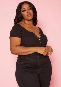 Plus Size Ribbed Button Detail Bodysuit