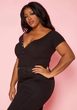 Plus Size Ribbed Button Detail Bodysuit -Asoph Sales Shop 2020333 001 3