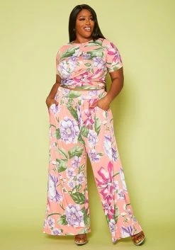 Plus Size Floral Crop Top & Pants Set