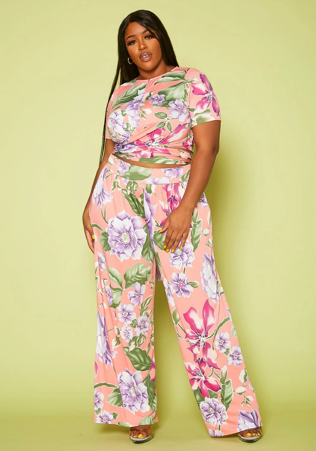 Plus Size Floral Crop Top & Pants Set 2 Plus Size Floral Crop Top & Pants Set - Image 2