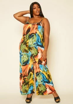 Plus Size Swirl Print Tank Jumpsuit
