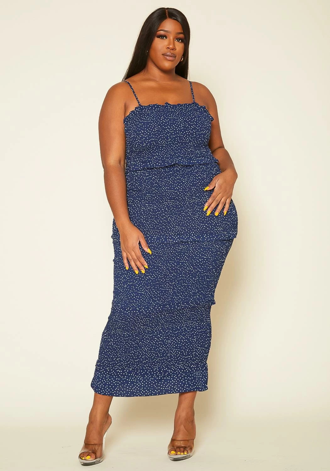 Plus Size Shirred Polka Dot Maxi Dress 2 Plus Size Shirred Polka Dot Maxi Dress - Image 2