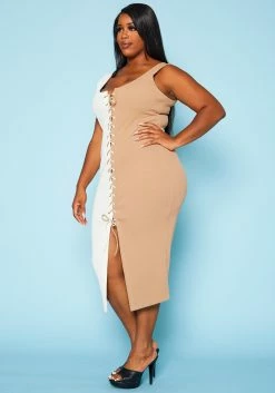 Plus Size Ribbed Two Tone Lace Up Midi Dress -Asoph Sales Shop 2020467 001 3