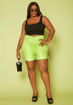 Plus Size Faux Leather Ruched High Waist Shorts