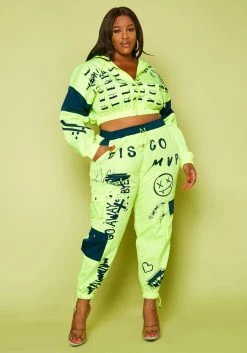 Plus Size Color Block Graphic Cropped Hoodie & Pants Set