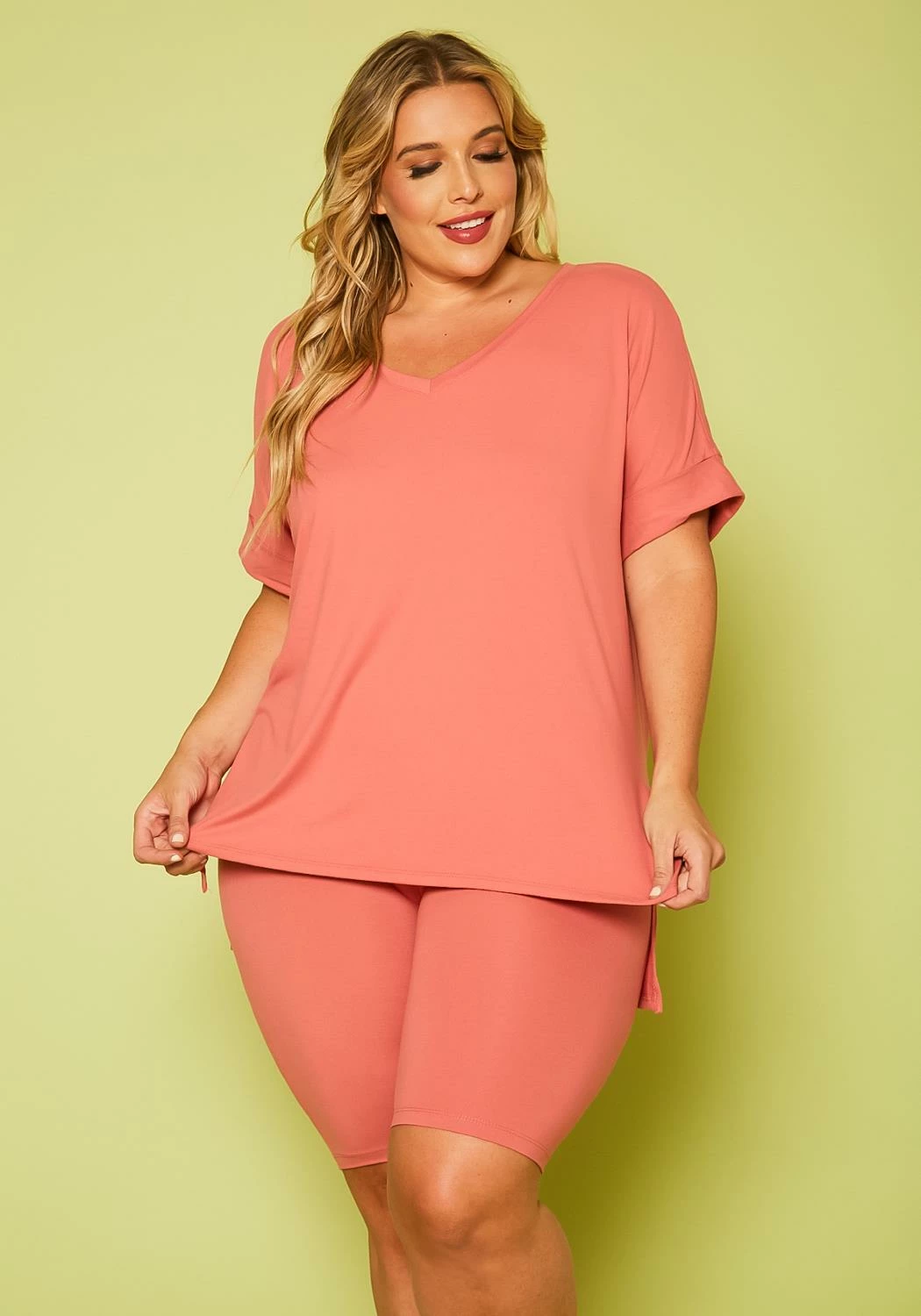 Plus Size V-Neck Tee Shirt & Biker Shorts Set 2 Plus Size V-Neck Tee Shirt & Biker Shorts Set - Image 2