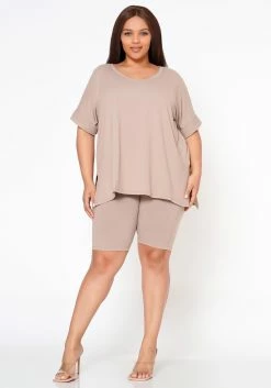Plus Size V-Neck Tee Shirt & Biker Shorts Set