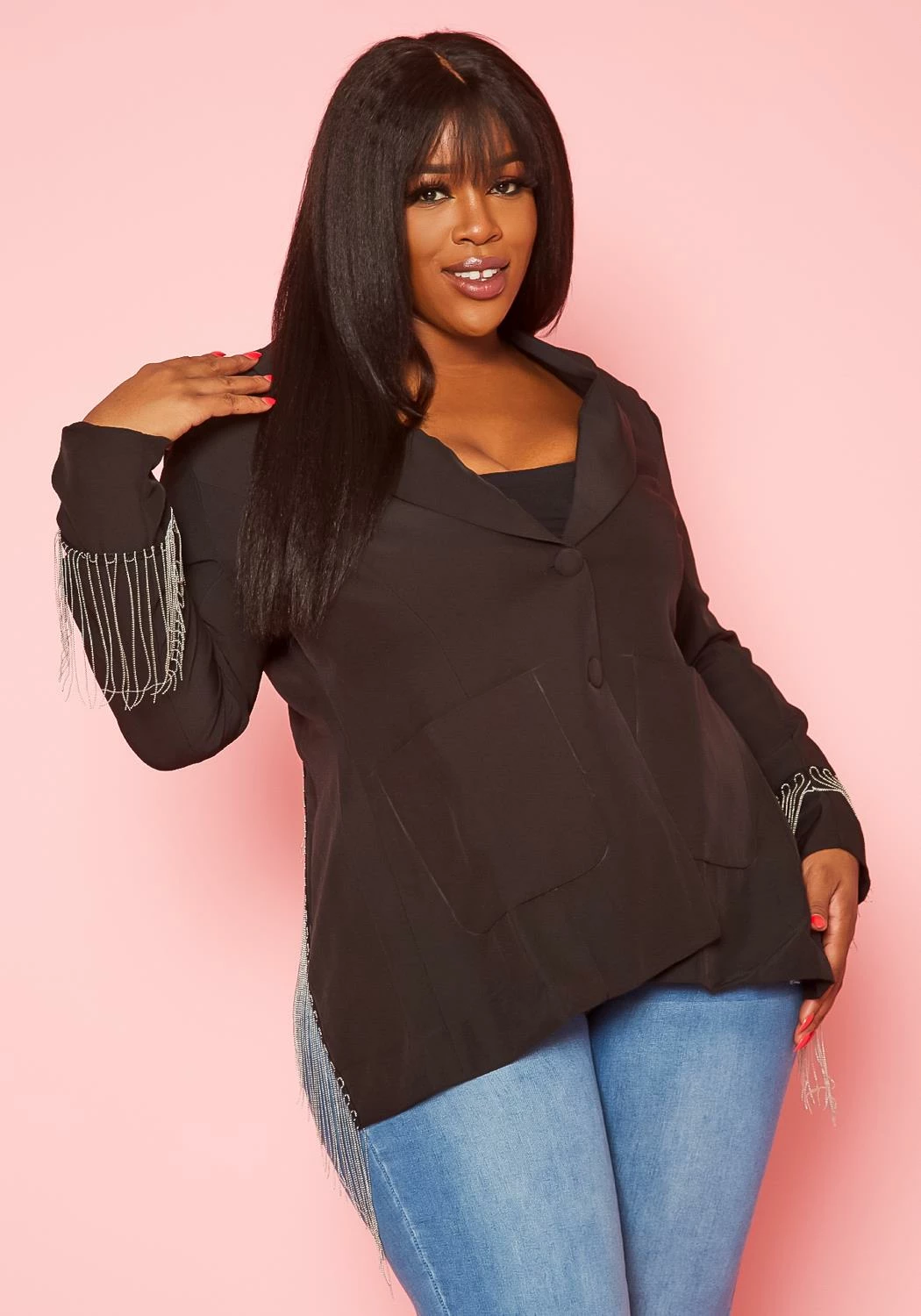 Plus Size Back Slit Fringe Blazer 2 Plus Size Back Slit Fringe Blazer - Image 2