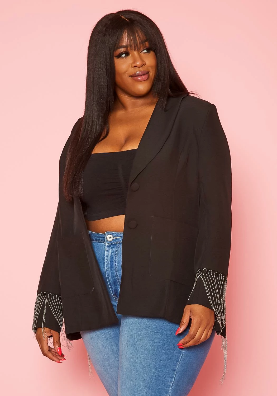 Plus Size Back Slit Fringe Blazer 1 Plus Size Back Slit Fringe Blazer