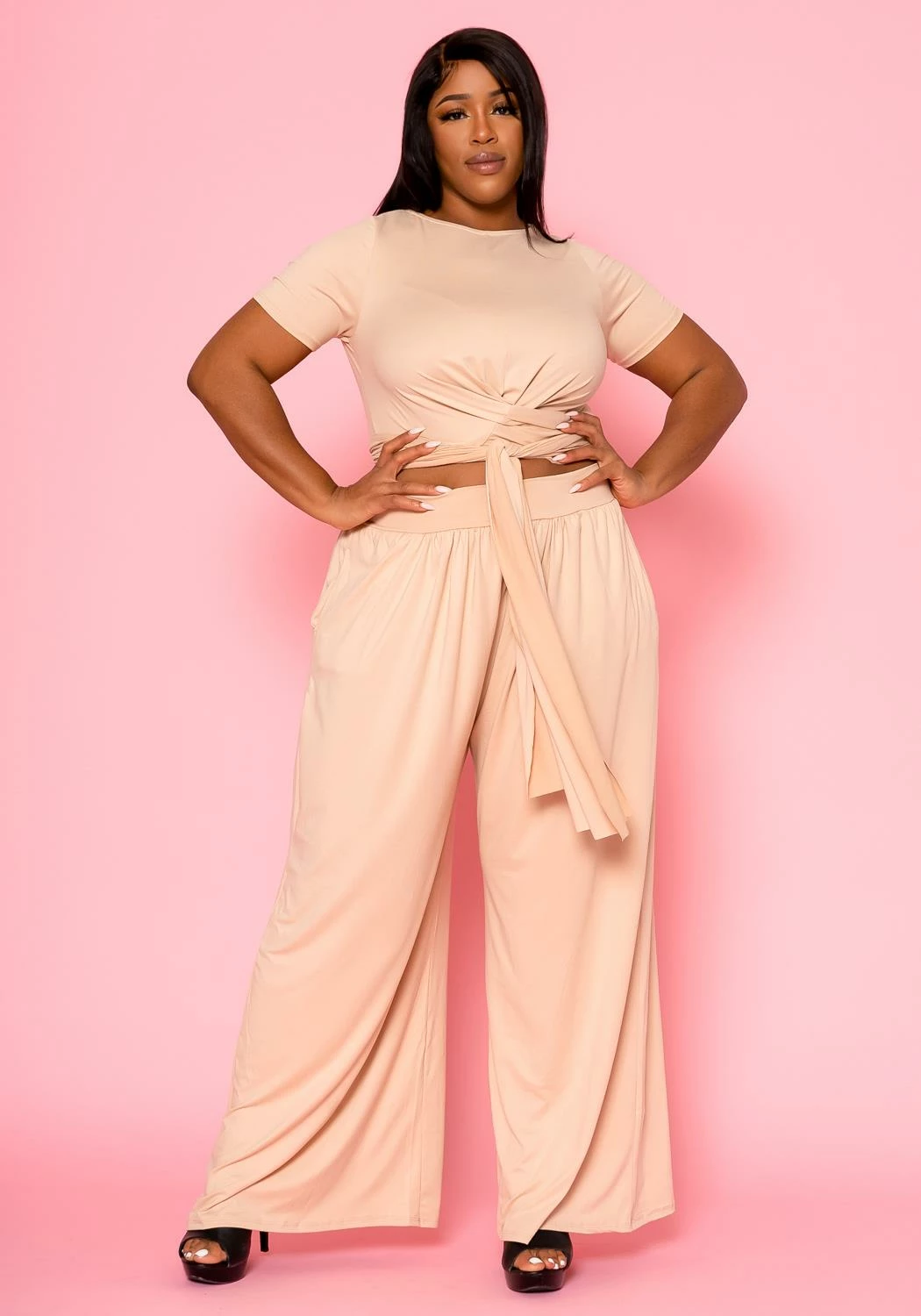 Plus Size Tie Front Crop Top & Wide Flare Pants Set 1 Plus Size Tie Front Crop Top & Wide Flare Pants Set