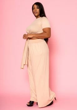 Plus Size Tie Front Crop Top & Wide Flare Pants Set 8 Plus Size Tie Front Crop Top & Wide Flare Pants Set -Asoph Sales Shop 2020689 003 3