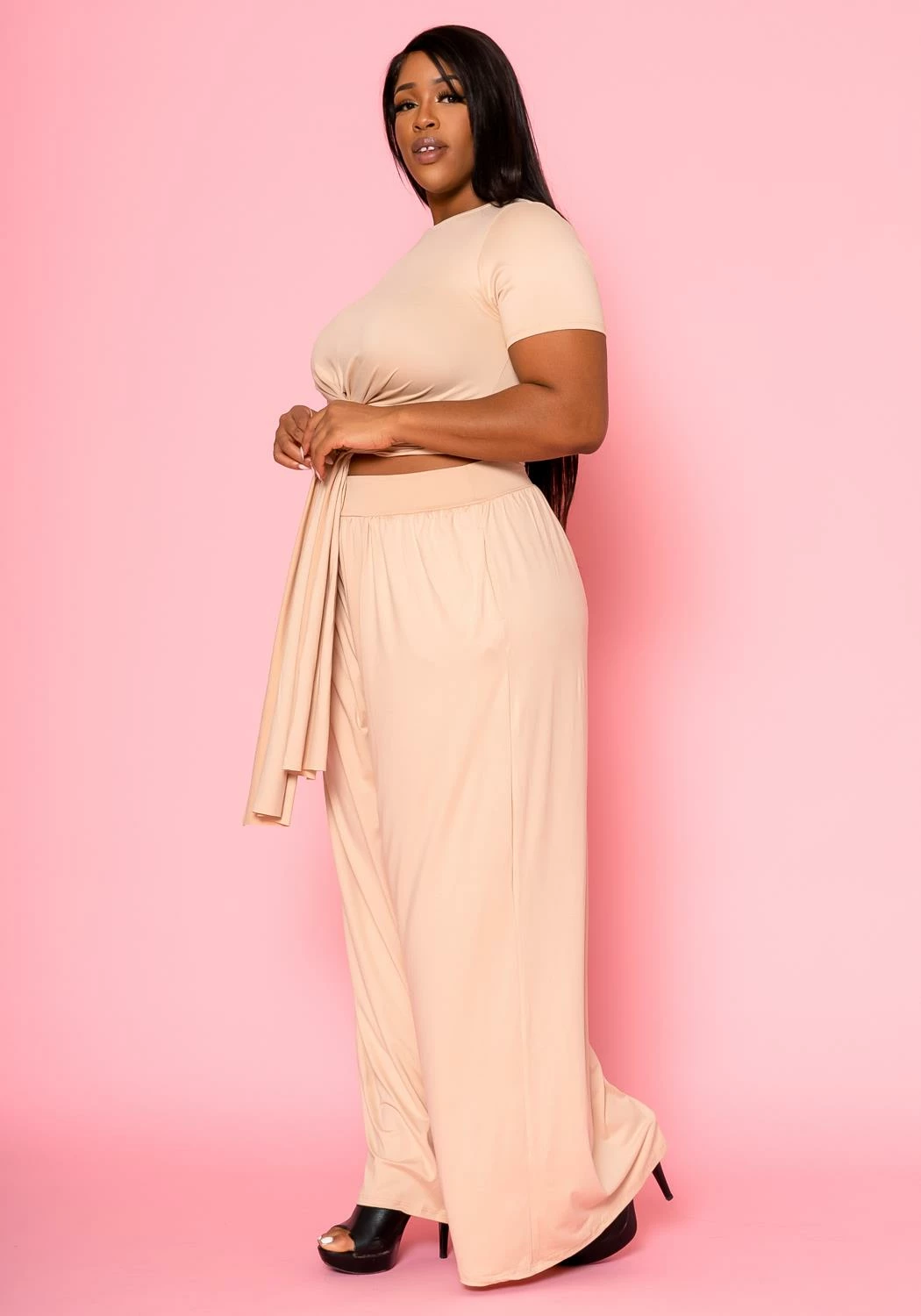 Plus Size Tie Front Crop Top & Wide Flare Pants Set 3 Plus Size Tie Front Crop Top & Wide Flare Pants Set - Image 3