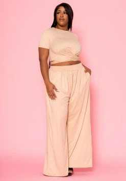 Plus Size Tie Front Crop Top & Wide Flare Pants Set 9 Plus Size Tie Front Crop Top & Wide Flare Pants Set -Asoph Sales Shop 2020689 003 5