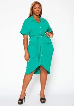 Plus Size High Low Ruched Collar Dress