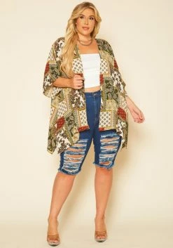 Plus Size Paisley Block Print Duster Cardigan