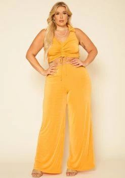 Plus Size Open Collar Crop Top & Flare Pants Set