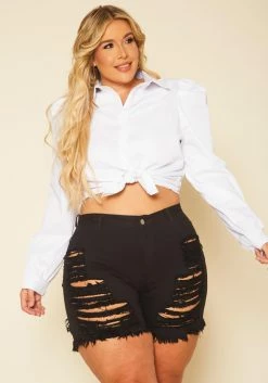 Plus Size Distressed Denim High Waist Shorts