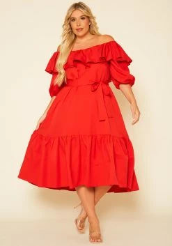 Plus Size Off Shoulder Wide Flare Midi Dress