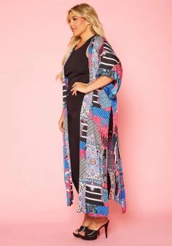 Plus Size Abstract Print Slit Kimono Cardigan 9 Plus Size Abstract Print Slit Kimono Cardigan -Asoph Sales Shop 2020768 001 3