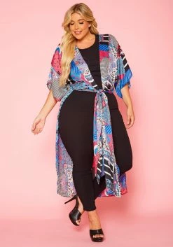 Plus Size Abstract Print Slit Kimono Cardigan