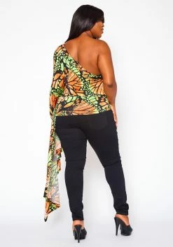 Plus Size Print One Sleeve Drape Hem Blouse -Asoph Sales Shop 2020789 001 5
