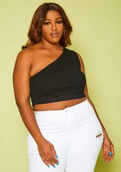 Plus Size Ribbed One Sleeve Crop Top