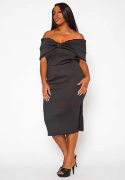 Plus Size Bow Off Shoulder Midi Dress