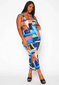Plus Size Abstract Pattern Cut-Out Midi Dress -Asoph Sales Shop 2020844 001 3