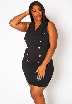Plus Size Double Breasted Sleeveless Mini Dress