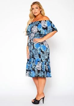 Plus Size Off Shoulder Leaf Print Tiered Dress -Asoph Sales Shop 2020872 001 3
