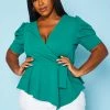 Plus Size Puff Sleeve Wrap Peplum Blouse